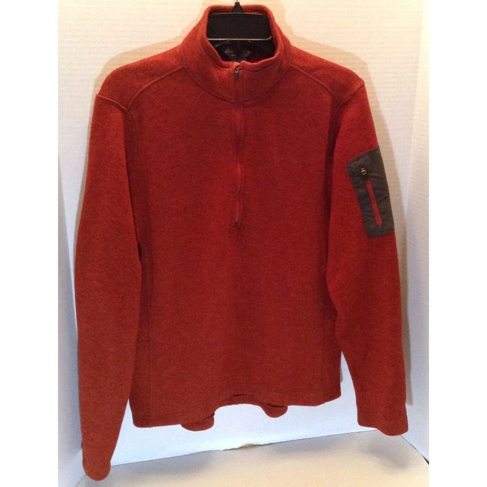Eddie Bauer Sweater Men M Burnt Orange 1/4 Zip Pullover Fleece Lined Arm Patch